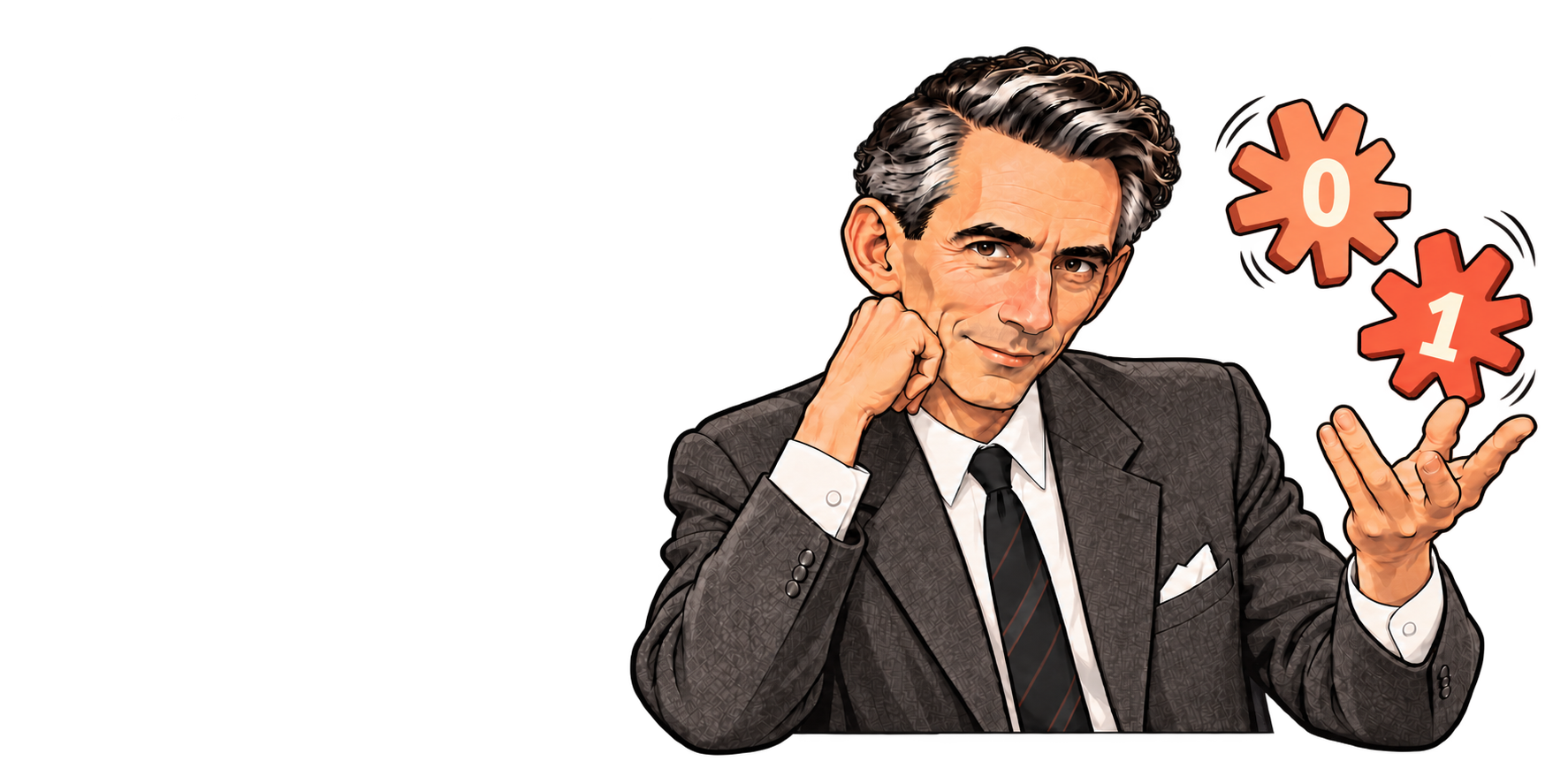 Claude Shannon resting his head on one hand while juggling two orange sunbursts marked 0 and 1 with the other.